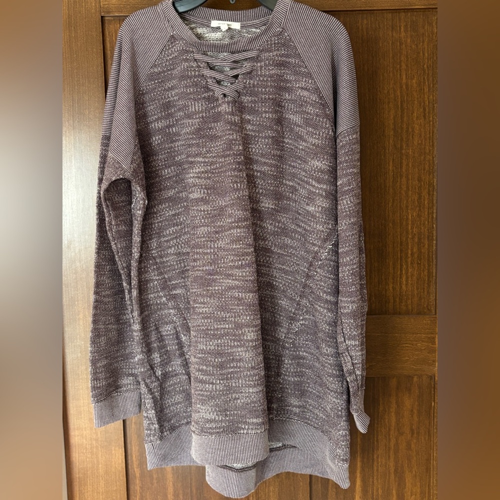 Dark burgundy knit tunic top with lace-up detail